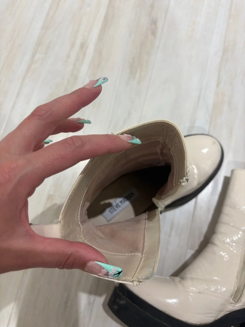 Steve Madden Cream Patent Platform Ankle Boots with Black Soles